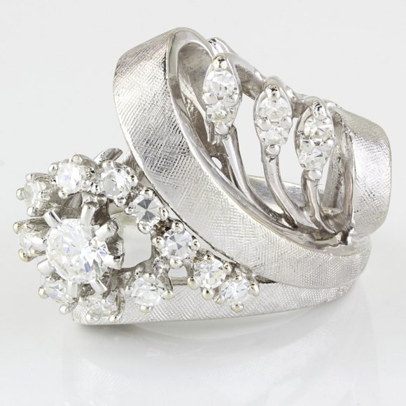 Unique Vintage 14K Art Nouveau White Gold Diamond Cocktail Ring - Picture 1 of 10